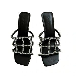 Open Edit Daphne Black Sandals Heel Crystal Embellishments Square Toe size 9 New